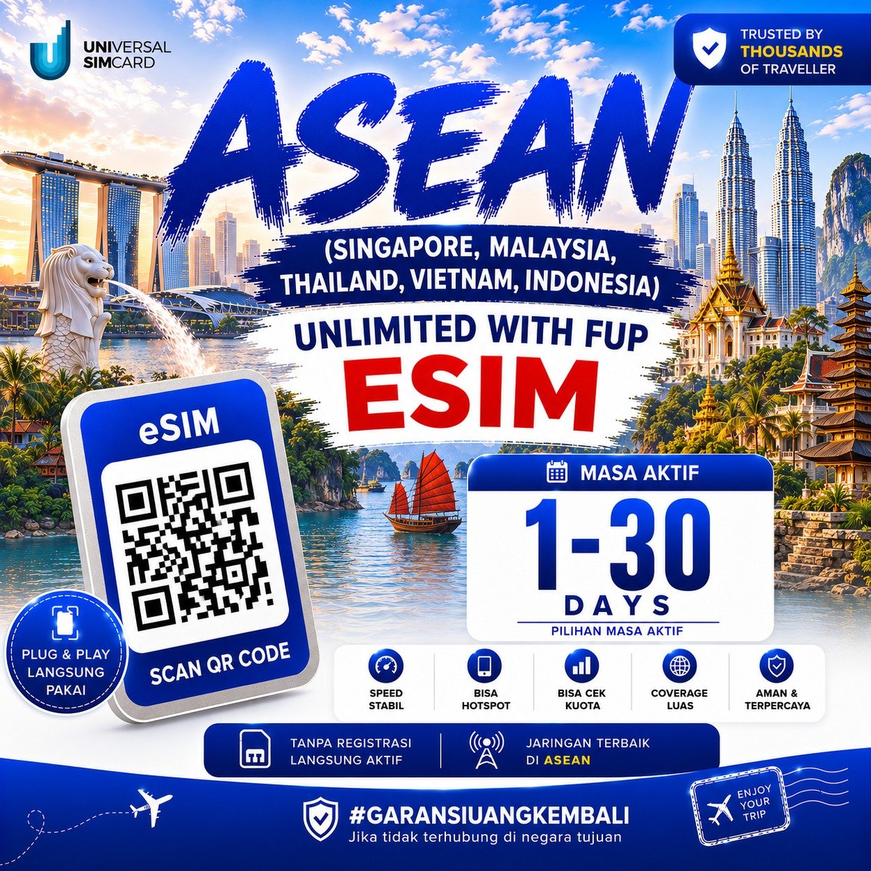 eSIM Asean Unlimited With FUP & True Unlimited (SG, Malay, Thai, Indo, Vietnam) UNISIM
