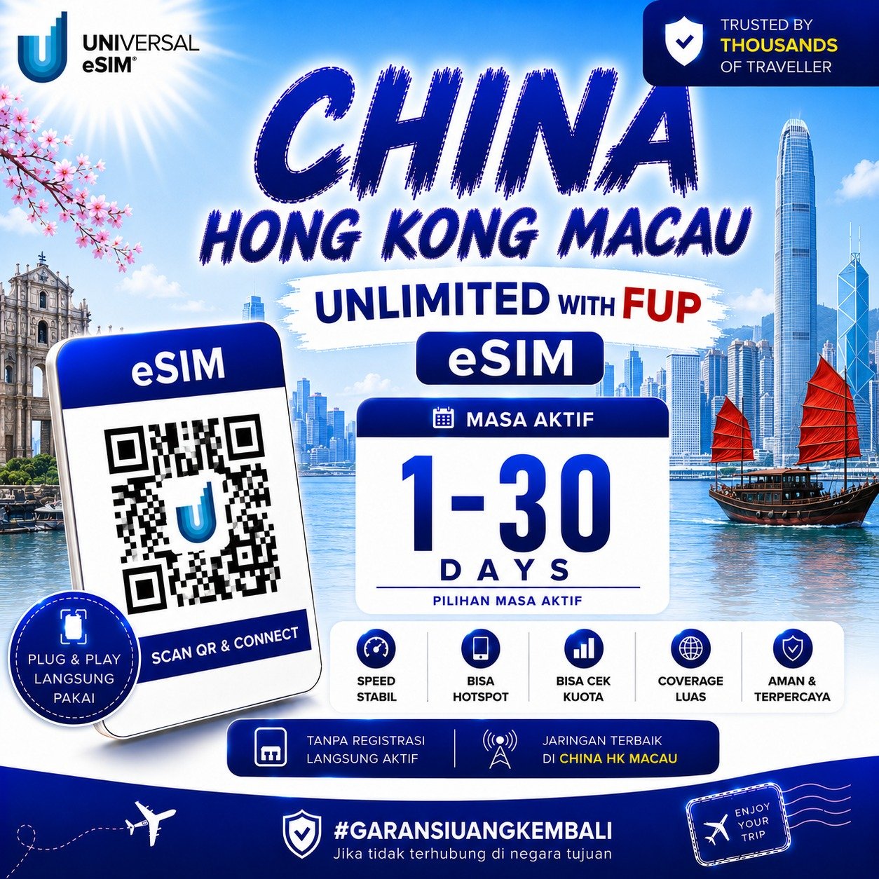eSIM China Hongkong Macau Unlimited With FUP & True Unlimited UNISIM