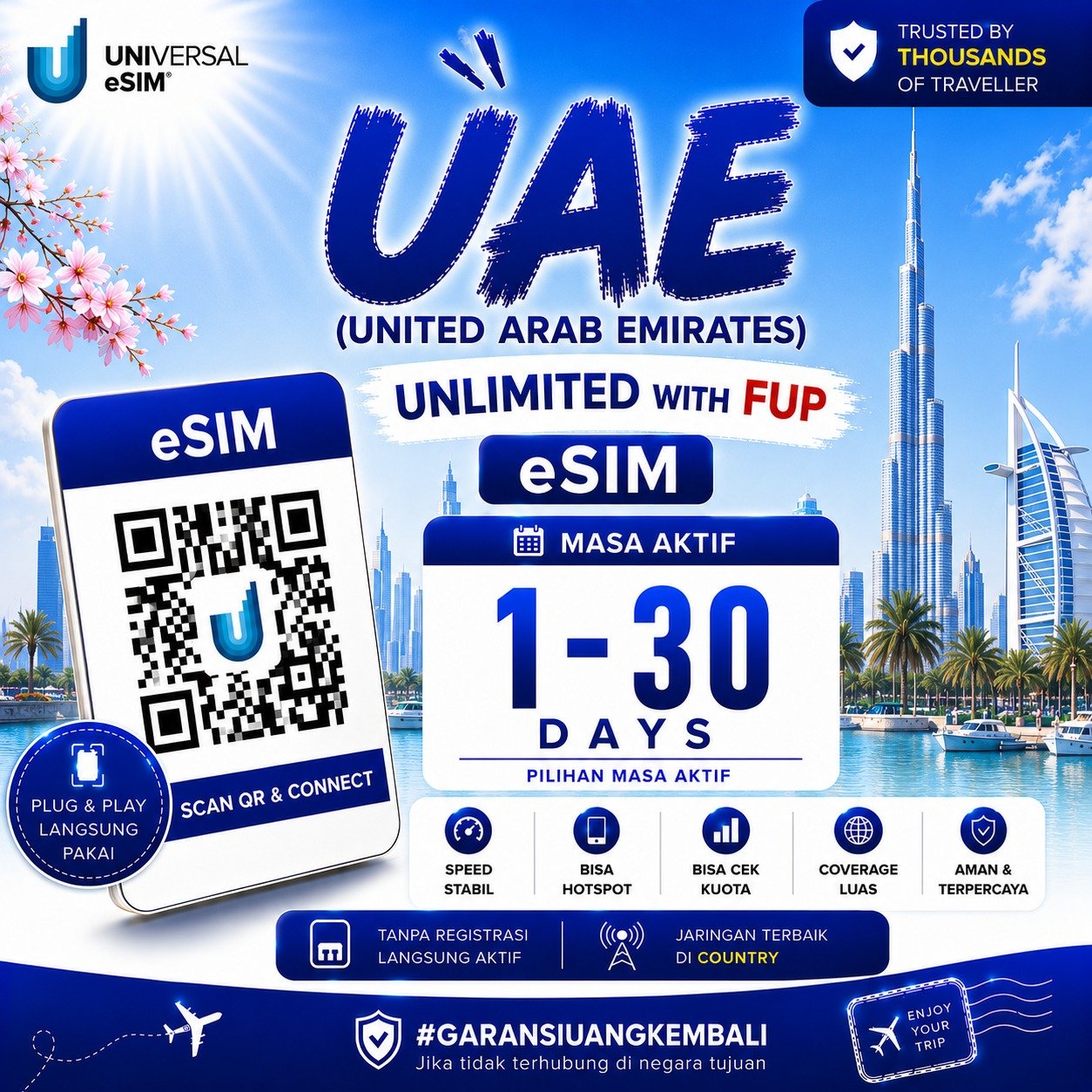 eSIM United Arab Emirates (UAE) With FUP & True Unlimited UNISIM